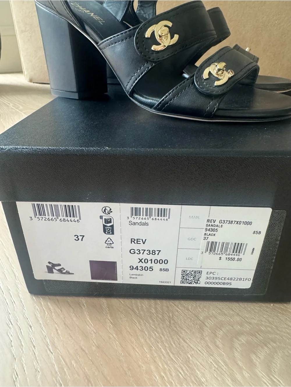 CHANEL Black Leather Block Heel Sandals with Gold CC Logos